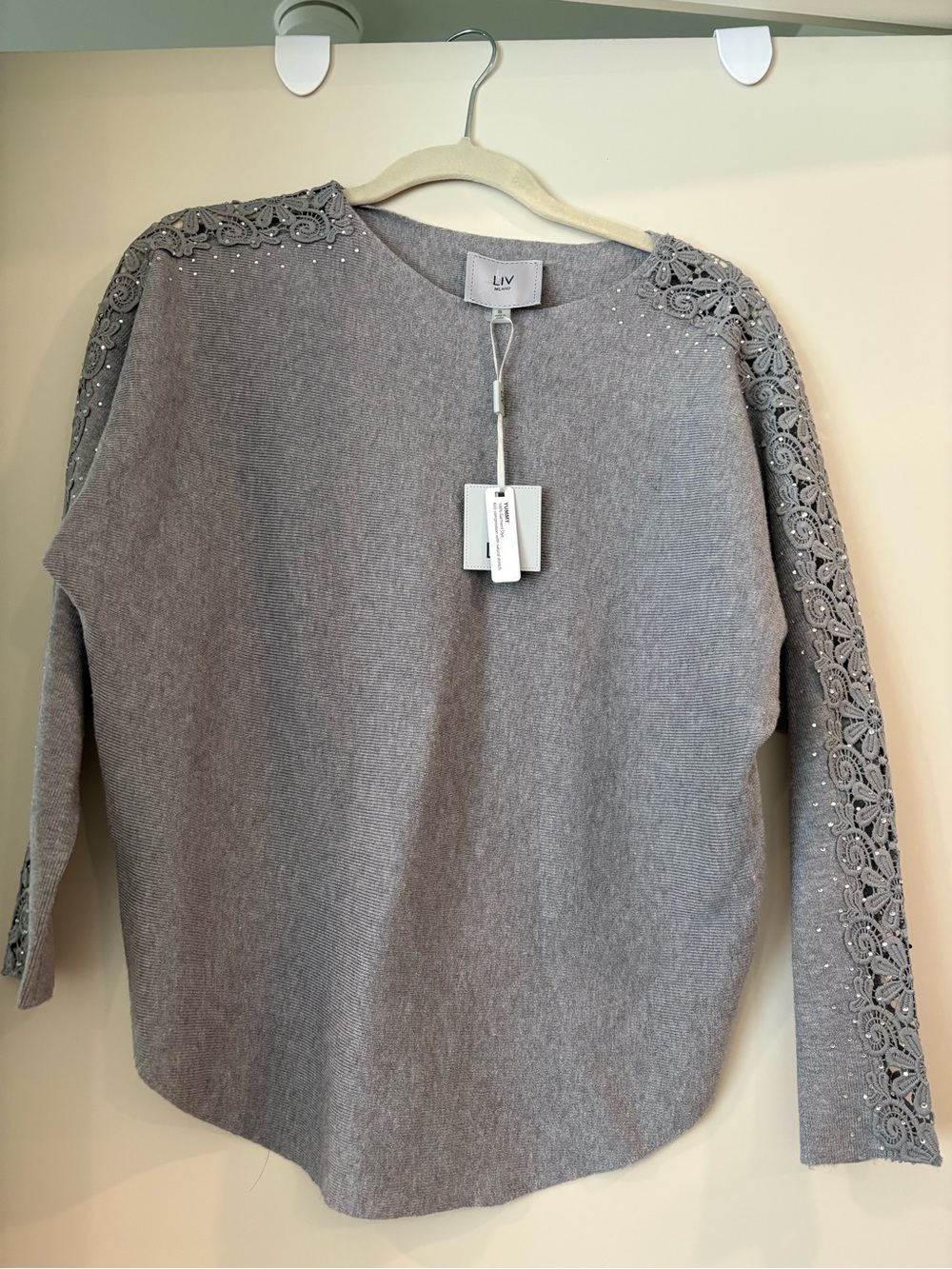 LIV Women's Gray Crew Neck Sweater with Embellished Lace Sleeves